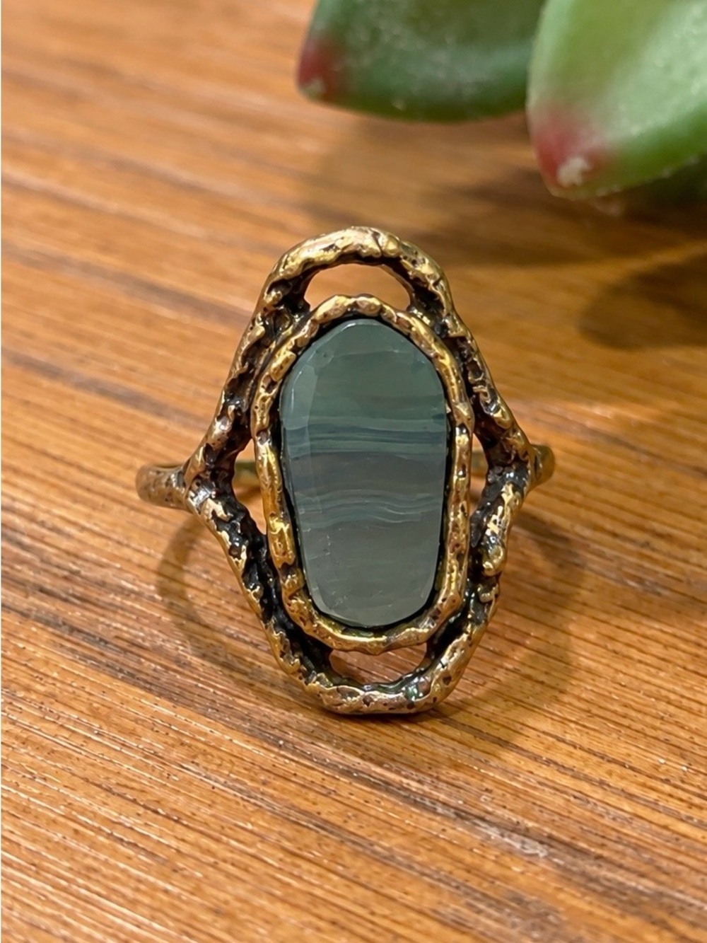 Vintage-Style Green/Blue Gray Banded Stone Brutalist-Style Bronze Statement Ring